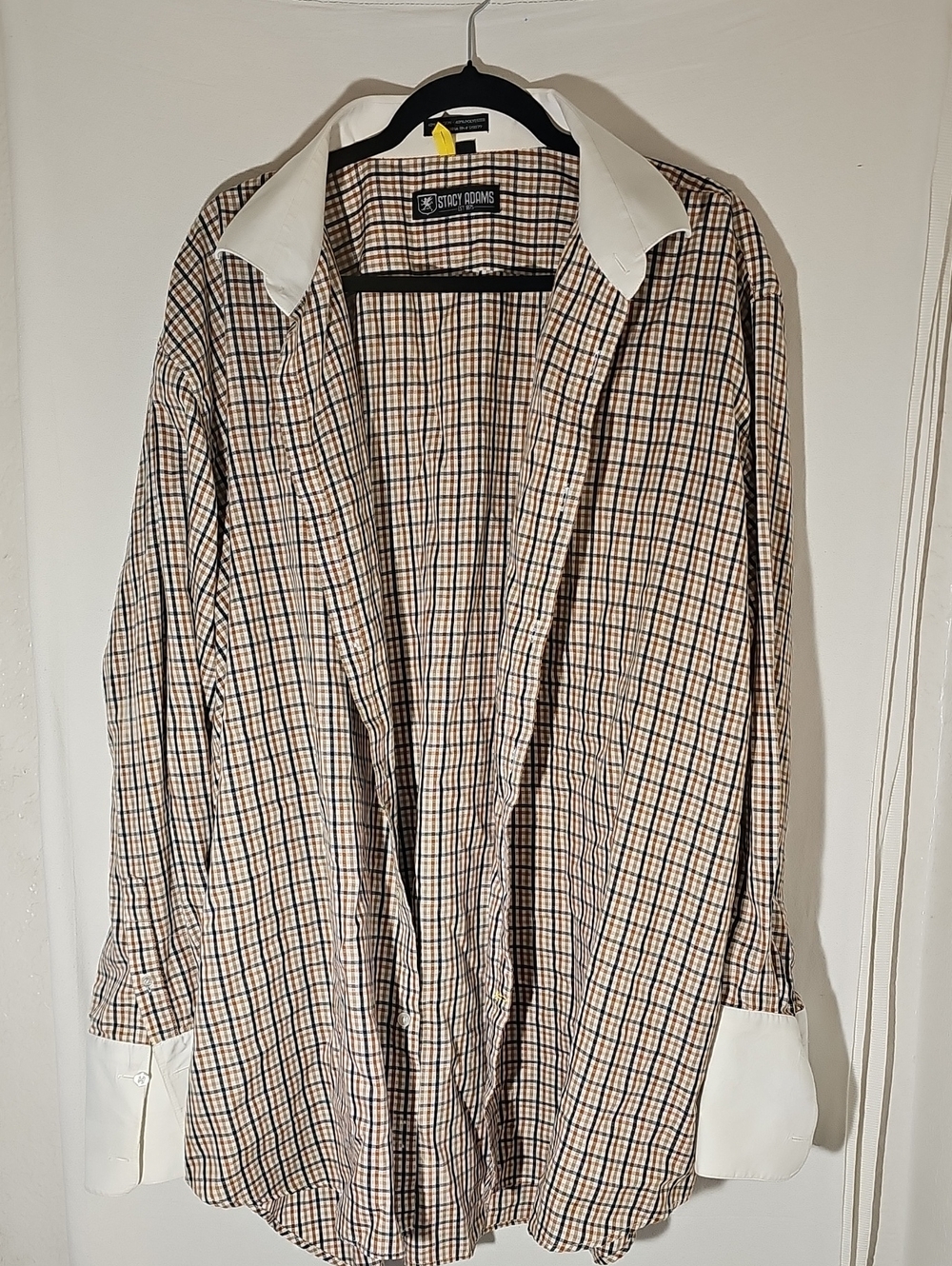 Stacy Adams Beige and Black Plaid Shirt with White Collar